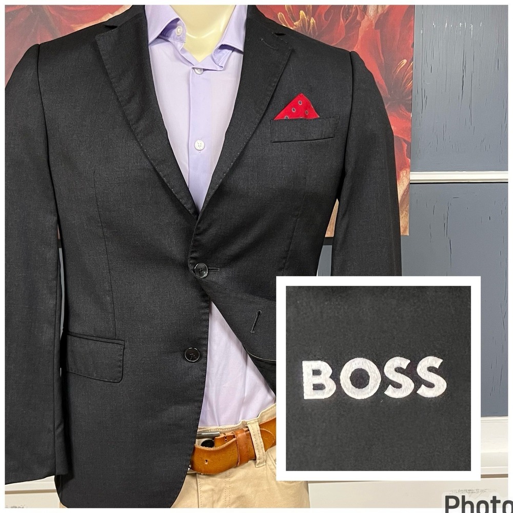 Hugo Boss Blazer Jacket Sport Coat Mens 36S Short Slim Fit Wool Dark Charcoal